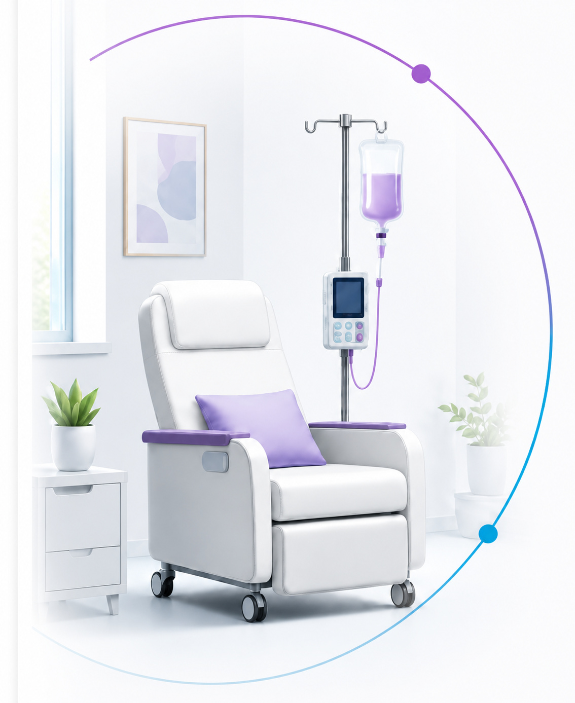 Empty infusion chair beside an IV pole in a bright outpatient treatment room.